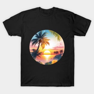 Serenity's Embrace: A Photorealistic Masterpiece of a Majestic Palm Tree and Flowers at Sunset T-Shirt